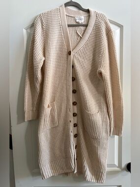 Olive & Oak Beige Waffle-Knit Long Cardigan